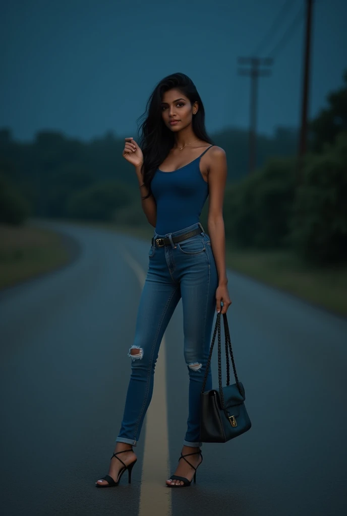 One Indian beautiful woman wearing jeans and blue top and heels sandal and ask for lift in front of car in deserted road at night 