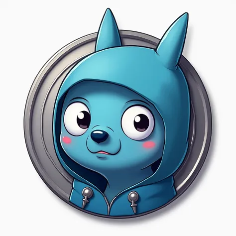 A 2D illustration of a blue alien with a hood, its face engraved on a silver coin, showing only the face, featuring the appearance of characters from Cartoon Networks Adventure Time animations, with pointed ears.