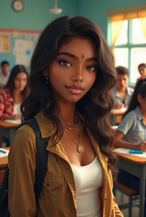 A brown beautiful lady in a highschool classroom filled with people