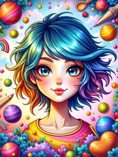 create an image file of a coloring book titled "Malbuch für coole Mädchen" (Coloring Book for Cool Girls). The cover has a vibrant, colorful illustration featuring a  cool girl with multi-colored hair, surrounded by various objects like school supplies, pl...