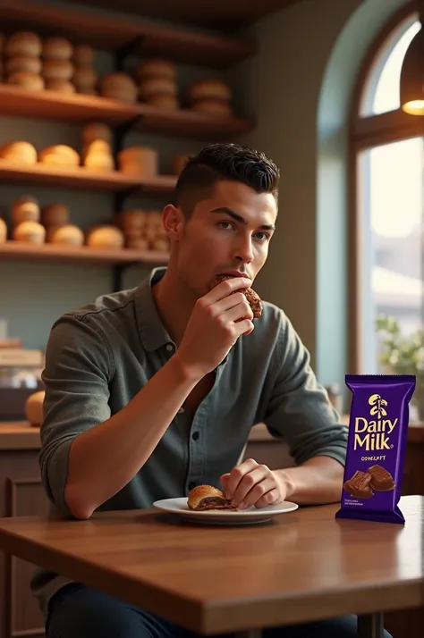 Christiano Ronaldo eating dairy milk chocolate in a bakery ,should be realistic