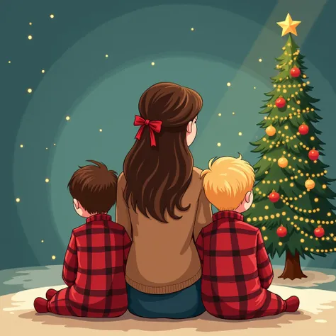 Two backwards ren, one a baby and the other , brown hair and blond hair dressed in red flannel sitting down and a mother with long brown hair tied with a ribbon sitting in the middle of them looking at a Christmas tree on the top, a shooting star on the bo...