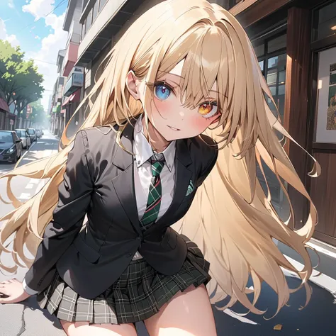  1 high school girl、( heterochromia:1.3), orange eyes ,green eyes、bad mood、( beige long hair:1.5)、、 small breasts、Black blazer、Regular necktie、 black plaid mini skirt、 beautiful thighs、 cowboy shot、Residential Street,( perfect anatomy ),( best quality), ( ...