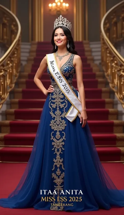 The image features a Beutiful woman wearing a blue evening gown with intricate gold embroidery, a sash reading "MISS ESS 2025," and a crown. She is standing in an ornate, grand setting with red carpeted stairs in the background. The text at the bottom of t...