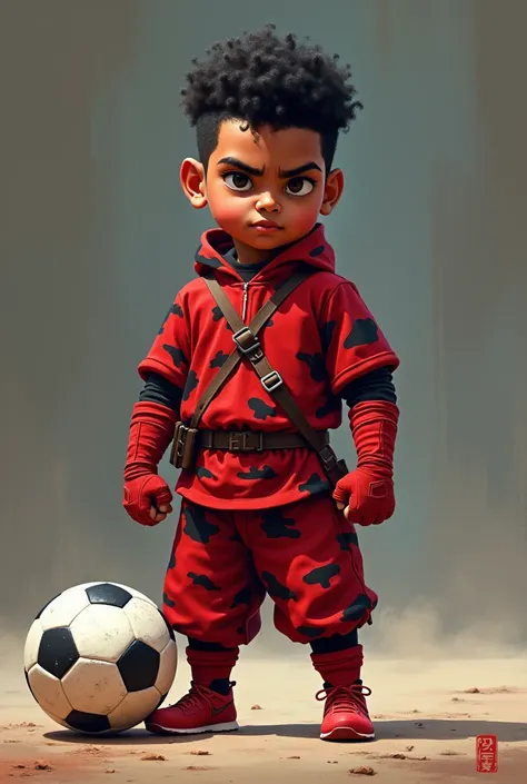 Matheuzinho :  The Little Warrior draw with a red and black camouflage style outfit with a ball under his feet 