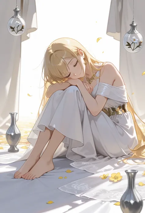 Elegant style, Soft Realism, best quality, beautiful blonde-haired woman in intricate white dress, golden accents, sitting gracefully, surrounded by white doves, delicate flowers in a silver vase, barefoot with elegant jewelry, peaceful and refined atmosph...