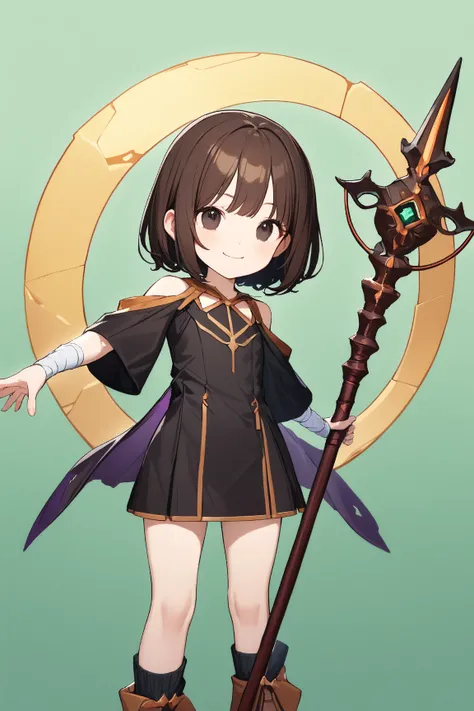 (green background:1.3), No wind, character sprite, Break, 
1 girl, (cute face), Intelligent Look, light smile, , petite, 150 cm tall,, Standing, feet out of frame, (black short hair, blunt ends), black eyes, (flat chest:1.2), slim, (dark brown Mage Outfit,...