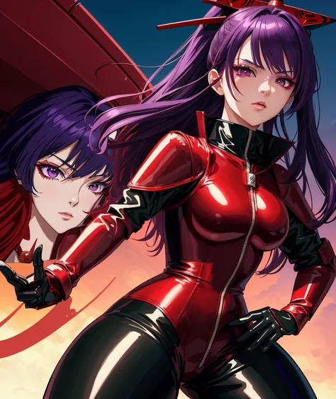 a beautiful anime girl in a red and black leather catsuit, dark green shoulderpads, highly skilled and cool ace pilot, shoulder-length purple hair, purple eyes, intricate details, dynamic pose, cinematic lighting, 8k, masterpiece, digital painting, dramati...