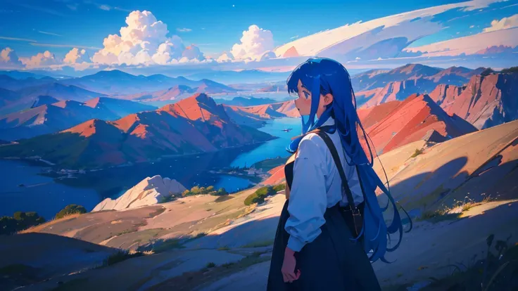 girl with long blue hair 1,Im looking at a beautiful horizon,Blue and white,SF future,Earth