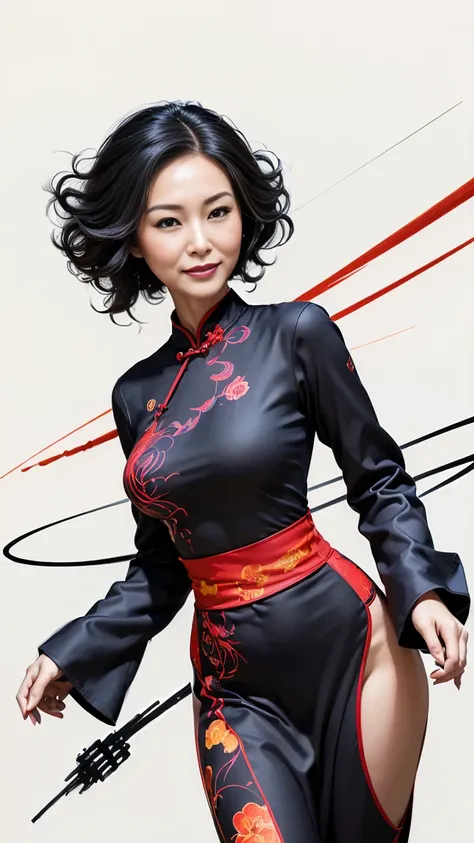 (((Exaggerated digital character sketches:1.37，Matchstick Men))).(1 Girl，cheongsam，Solitary，Fluffy curly hair，(Exaggerated expression,)，(Black sketch lines，Loose brushstrokes create the outline，Cartoon Style. Bright colors and simplified lines, sketch)。(Ex...