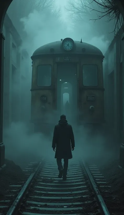 A spooky, abandoned railway station shrouded in thick fog. The station clocks all show the same time: 11:59. A rusted, dilapidated train with shattered windows slowly emerges from the mist. The doors creak open with an eerie sound, and a dark, ominous pres...