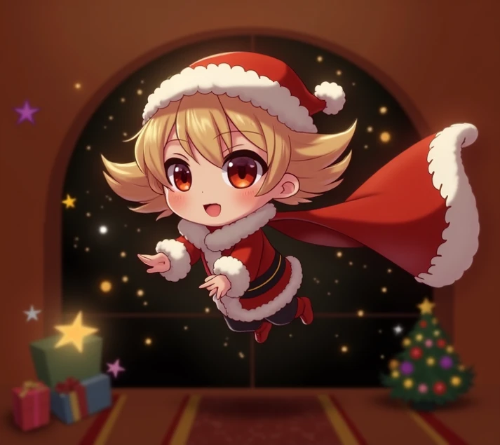 Name is（Nazuna）。 Im flying in the Christmas night sky 。 Im wearing Santa Claus clothes。On clothes（myo）Character。I can fly in Dracula 。 has a cute face and is liked by everyone 。