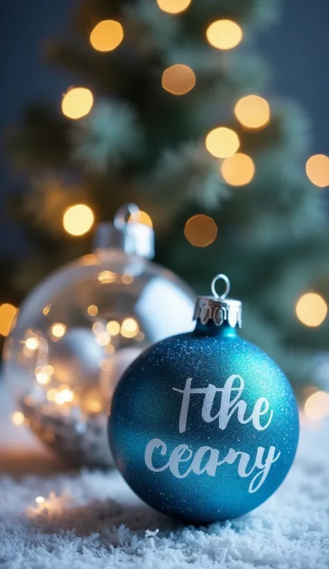 Create two Christmas balls , one in transparent glass with decorations inside without anything written and the other in blue glitter,  Say the creamy written in feminine Spanish on the blue ball, With a Christmas background 