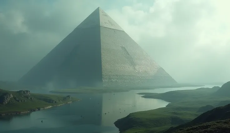  Gigantic MARBLE PYRAMID WITH ALIEN HIEROGLYPHS, in the background an extensive and sinuous river , lots of fog , 35mm, full angle shot