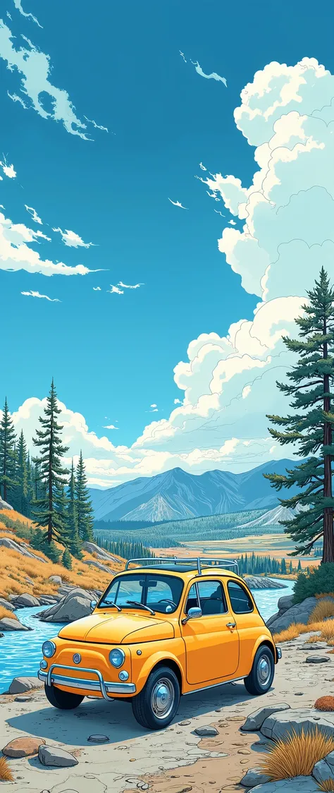 (  masterpiece on penis :1.2,  top quality),(  very detailed),  anime style,8k,16k, wallpaper,Fiat 500, blue sky,(America:2.0),(Yellowstone National Park:2.0),( dynamic :2.0)