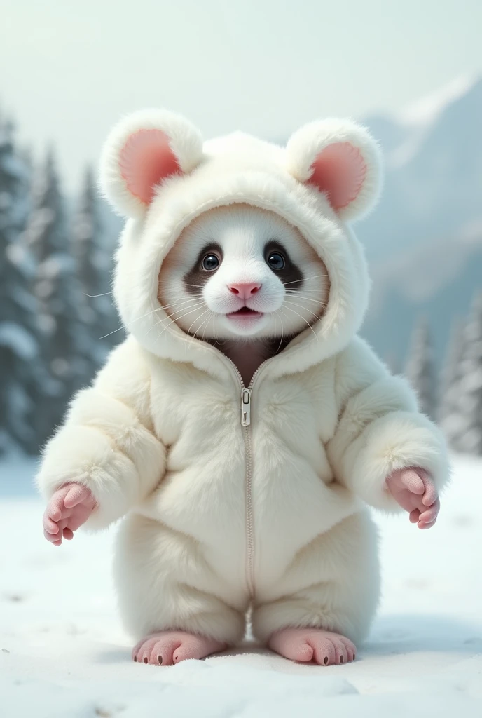  shocking white mouse costume real panda in pajamas、 big eyes、Baby Panda、whole body、Background white、 fluffy and big 、Background mountain blur 