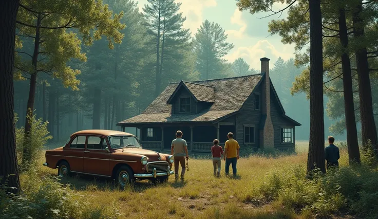 A 1970 scene, with a brown car and a family from Garys side heading to their burned property to visit. The place is inside the forest. There is no fire, burnt plants and washing. The parents and their two 20 year old sons are there 