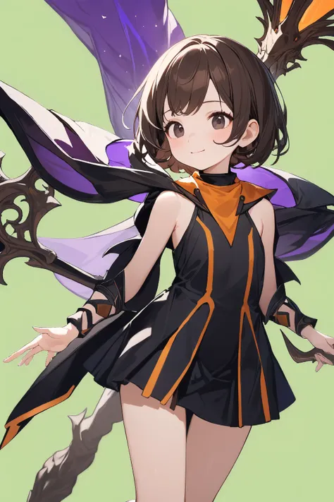 (green background:1.3), No wind, character sprite, Break, 
1 girl, (cute face), Intelligent Look, light smile, , petite, 150 cm tall,, Standing, feet out of frame, (black short hair, blunt ends), black eyes, (flat chest:1.2), slim, (dark brown Mage Outfit,...