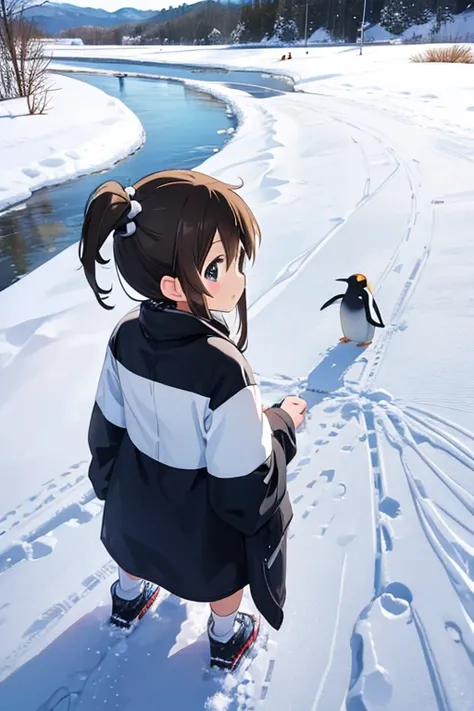 K-ON!！、The girl in the penguin suit、 back view、Snowfield、Footprints of snow