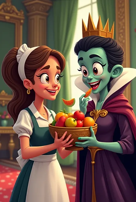 cartoon depiction of a female servant carrying a bowl of fruit and the evil queen tasting one of the fruits in the kingdom 