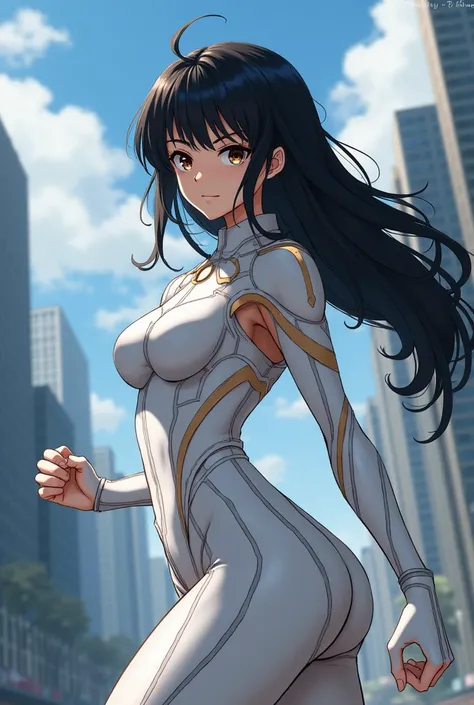 My Hero Academia Style , Anime girl, female, young female ,Full Body Shot,(fighting stance:1.3),Long hair, Black Hair,  Brown Eyes,Hero Suit, Full Body Suit, White suit, perfect anatomy,  Toughened Abs,super detailed,(Buildings:1.2）