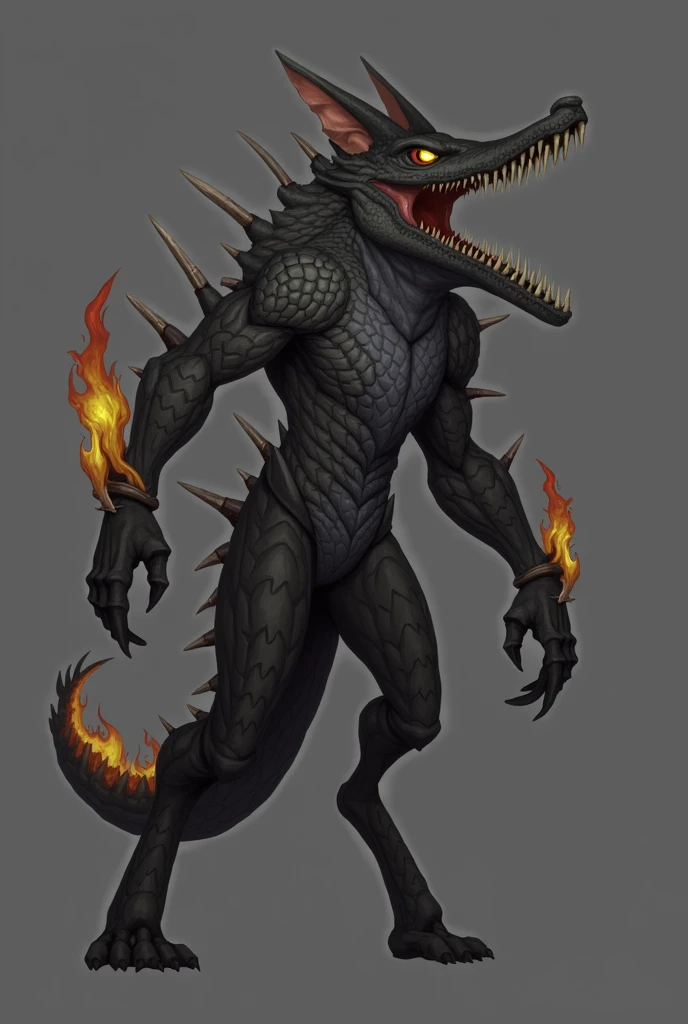 Duskfang Crocfox: A deadly hybrid of a crocodile and a fox, combining the sleek cunning of a fox with the raw power and armored scales of a crocodile. Its elongated body is covered in dark, jagged scales, with a bushy, flame-colored tail tipped with bone s...