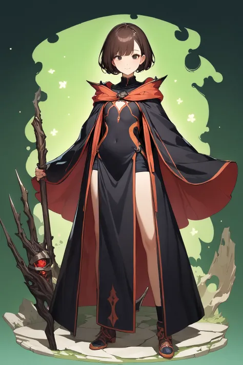 (green background:1.3), No wind, character sprite, Break, 
1 girl, (cute face), Intelligent Look, light smile, , petite, 150 cm tall,, Standing, feet out of frame, (black short hair, blunt ends), black eyes, (flat chest:1.2), slim, (dark brown Mage Outfit,...