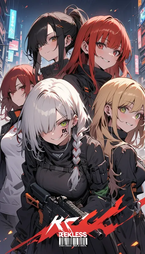  multiple women ,theyre all looking in a different direction,headband, Japanese Knife , assault rifle ,smile, No Emotion,Reckless attitude, Wicked Expression ,protective clothing, black hair, Silver Hair,Blonde, red hair, bob cut , ponytail, braids , hair ...