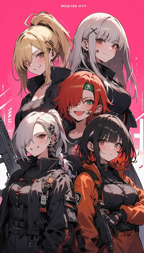  multiple women ,theyre all looking in a different direction,headband, Japanese Knife , assault rifle ,smile, No Emotion,Reckless attitude, Wicked Expression ,protective clothing, black hair, Silver Hair,Blonde, red hair, bob cut , ponytail, braids , hair ...