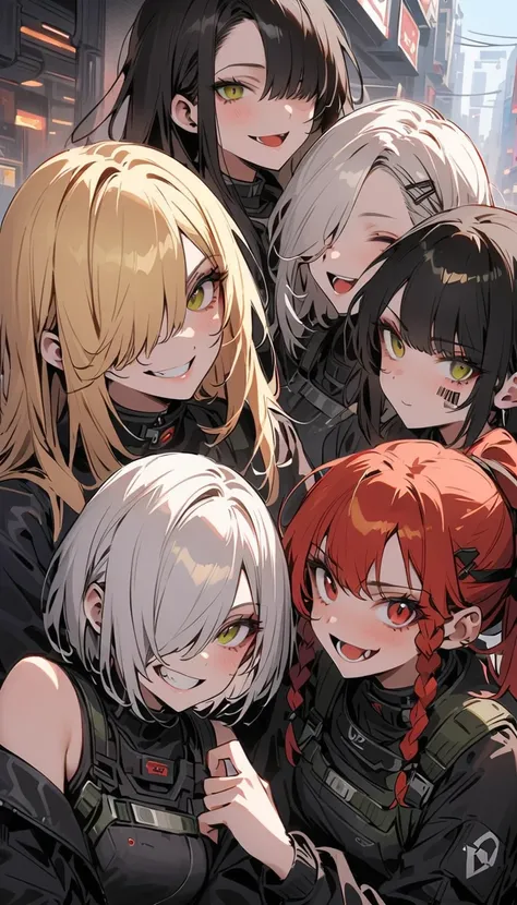  multiple women ,theyre all looking in a different direction,headband, Japanese Knife , assault rifle ,smile, No Emotion,Reckless attitude, Wicked Expression ,protective clothing, black hair, Silver Hair,Blonde, red hair, bob cut , ponytail, braids , hair ...