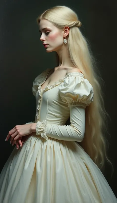 a painting of a ghostly styled woman with long blond hair and an antique white dress, Tom Bagshaw style, Tom Bagshaw portrait, tom bagshaw artstyle, style of Tom Bagshaw, cute face.  dark costume , artstyle tom bagshaw, Tom Bagshaw ) ) ), Tom Bagshaw.  oil...