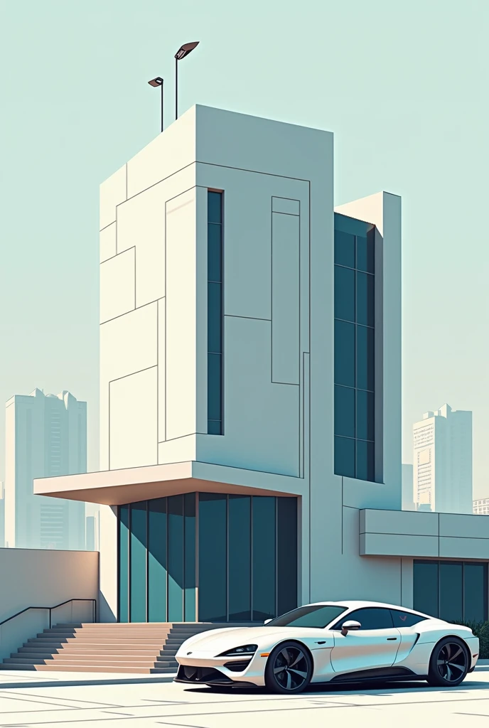 Cyberpunk building close-up view with a car parked next to it 2d simple flat vector art, minimal detail