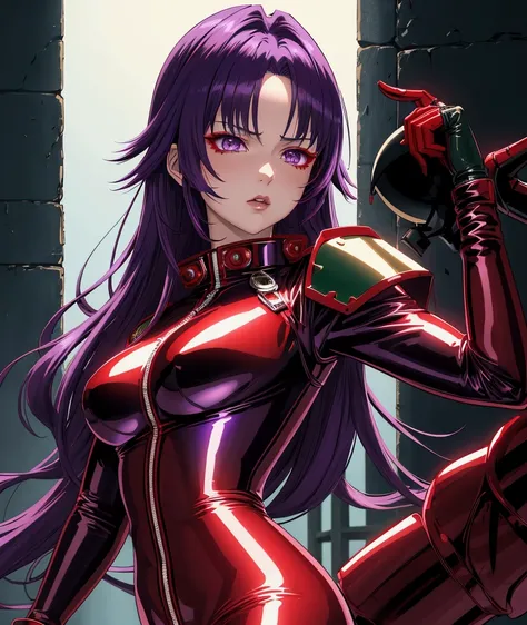 a beautiful anime girl in a red and black leather catsuit, dark green shoulderpads, highly skilled and cool ace pilot, shoulder-length purple hair, purple eyes, intricate details, dynamic pose, cinematic lighting, 8k, masterpiece, dramatic colors