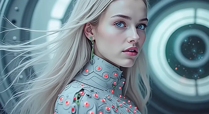 Close-up of stunning long-haired young Caucasian woman in blue colors , rosa em close-up,  silver clothes with hundreds of red LED light spots with several electronic circuits connected by thin apparent wires illuminated in the color green,  several spot l...