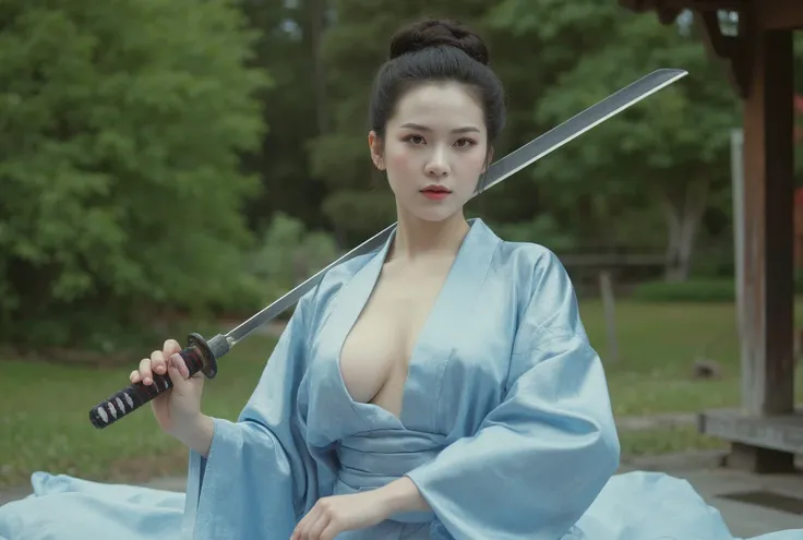 40 years old white woman, milf, serious expression, large breast, brown eyes, glamorous and sensual, ((black hair tied up geisha style, face made up totally in white geisha style)), (dressed in a typical light blue kimono below the shoulders revealing her ...