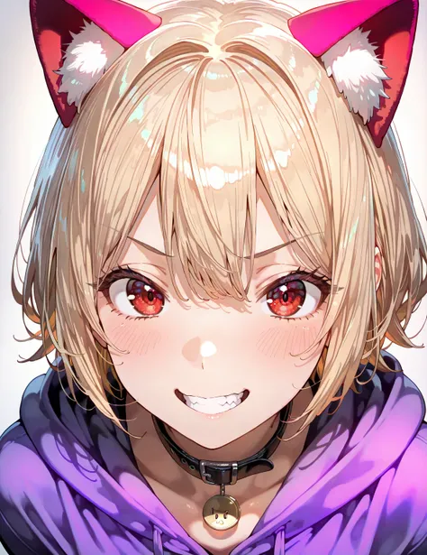  1 girl , Alone,  look at the viewers, short hair , Blonde,Small cat ears the same color as hair, Red eyes, red eyes,Black collar,  purple hoodie , hot pants, masterpiece,  top quality,  great quality,  very aesthetic,   show your teeth and laugh、  white b...