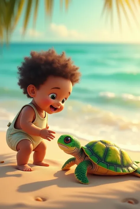   The baby with curly hair logos wearing a sporty jumpsuit on the beach,   laughing happily while interacting with a beautiful turtle  . the turtle, green with yellow reflections  , Its a green whistle back  ,   in the sand both facing each other in a rela...