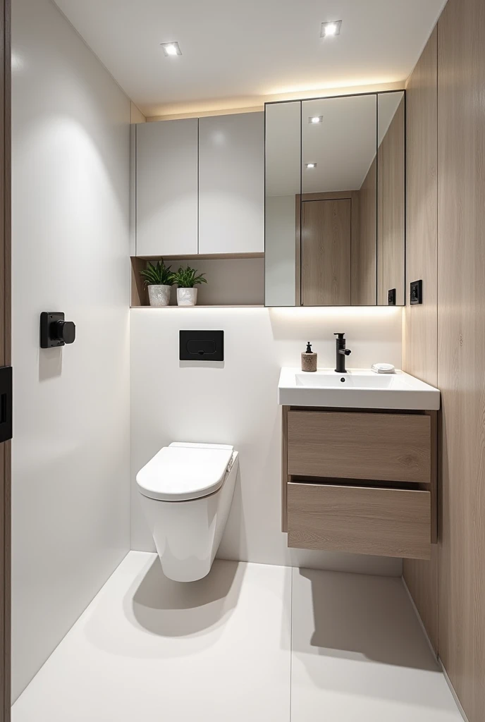 Professional High-Quality image shot with SONY ALPHA 7R V on 100mm, 16K. top photographer. Full frame, highly detailed, sharp, ultrasharp image of a **Nordic Serenity Suite – Compact RV Bathroom Design**

**Layout & Space**: Optimized for compact spaces wi...