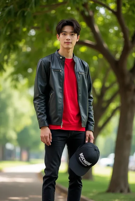  realistic photo of a handsome white 20-year-old Korean man standing under a shady mango tree wearing a red t-shirt and,  in black leather jacket , black jeans , black shoes holding hat with name  "Rochim handyman "  in white capital letters ,  spelling of...