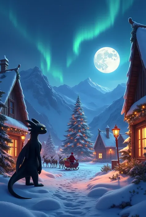 toothless  outside at the night looking the christmas decorations of Viking village and snow on the ground . Viking houses are decorated by lights and candles and christmas decorations , background  christmas tree decorated by colourful lights far away can...