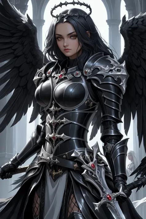 a woman in armor holding a sword and a sword, angel knight gothic girl, villainess has black angel wings, detailed fantasy art, angel knight girl, epic fantasy art style hd, 4k fantasy art, dark armor, stunning armor, hd fantasy art, deathknight, 8k fantas...