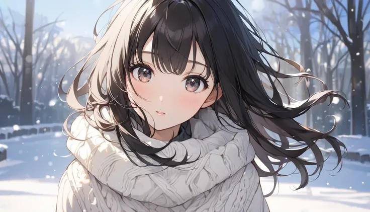 dark-haired girl in the snow、 sweater 、 upper body、The background is a bright morning 