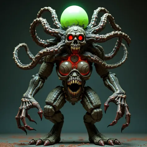 3D rendering, action figure, 12 inch size, evil monster, creepy form of machine and organic cells fused together, Cthulhu monster-like appearance, steampunk-style internal mechanisms, green glowing lump reminiscent of toxic substances, creepy tentacles, th...