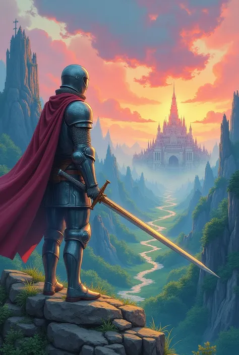 "A fantastical scene inspired by the style of the classic anime Record of Lodoss War, depicted in a watercolor tone. The image features a brave knight in detailed shining armor with a clearly defined and expressive face, wielding a sword. The knight stands...