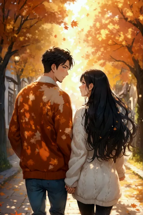 Create a scene of a cloudy autumn day in which a Caucasian man and an Asian woman is walking arm in arm. The muscular Caucasian man in his thirties with short coiffed hair and is dressed in a letterman jacket and jeans, while his beautiful Asian girlfriend...