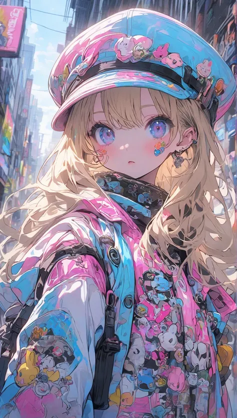 anime girl wearing a hat,  blonde hair , Street background in neon pink and blue hues, scar, Stickers, Rabbit