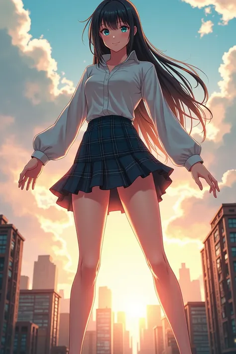 ( best quality,   Masterpiece , 超 high definition ), (8k wallpaper,  high definition ,  high definition , born), (Authenticity : 1.4), ((  full body shot )),  1 girl, ((  anime girl )), (( giant girl)),  giant, GTS, ((  long black hair )), ((School Anime G...