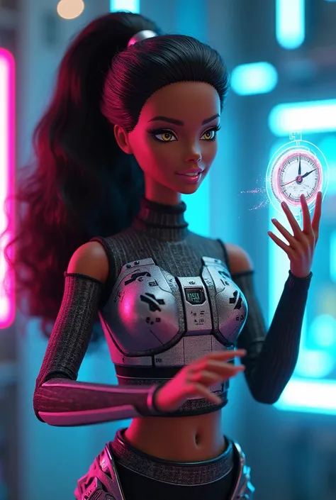 A Barbie doll measuring 11 inches ,  with black skin color, She controls the time thanks to a machine