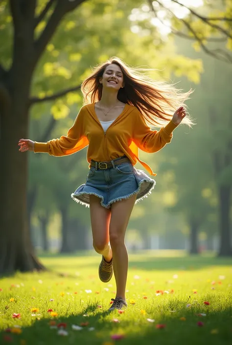 A female college student is dancing in a miniskirt with long hair in the park