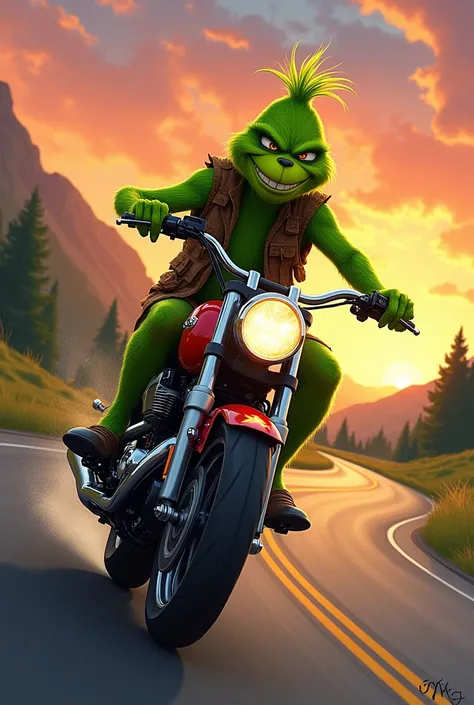 The Grinch riding his motorcycle backwards wearing a vest on a road and a beautiful sunset 